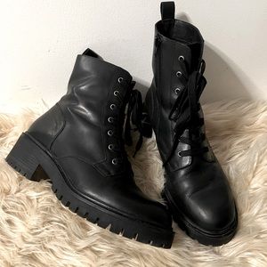 Crown Vintage Telinda Combat Moto Biker Leather Lugg Lace Black leather Boots